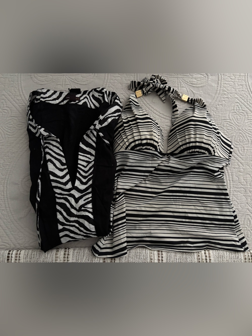Women’s Black & White Striped Halter Tankini Top & cover up